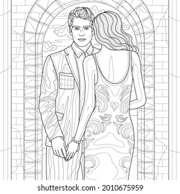 A woman in a dress and a man in a suit.Lovers couple.Coloring book antistress for children and adults. Illustration isolated on white background.Zen-tangle style.