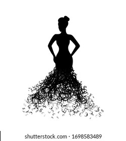 Woman with dress from money. Vector decoration from scattered elements. Monochrome isolated silhouette. Conceptual illustration.