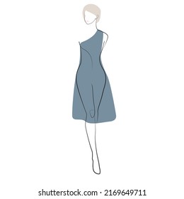 Woman in dress one line drawing on white isolated background
