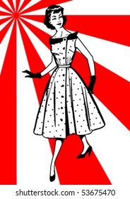a woman in a dress in a pea and gloves in style on a geometrical red background