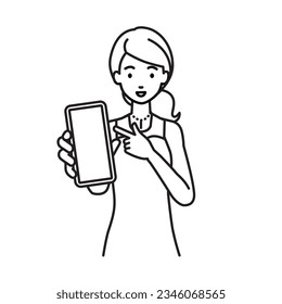 a woman in dress recommending, proposing, showing and pointing smart phone mock-up screen with a smile