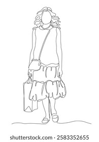 Woman in dress with shopping bag and purse walking. Front view. Continuous line drawing. Black and white vector in line art style.