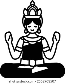 A woman in a dress is shown with her hands together in a prayer position