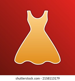 Woman dress sign. Golden gradient Icon with contours on redish Background. Illustration.