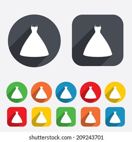 Woman dress sign icon. Elegant bride symbol. Circles and rounded squares 12 buttons. Vector