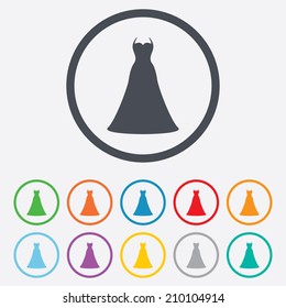 Woman dress sign icon. Elegant bride symbol. Round circle buttons with frame. Vector