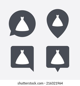 Woman dress sign icon. Elegant bride symbol. Map pointers information buttons. Speech bubbles with icons. Vector