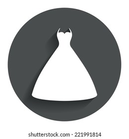Woman dress sign icon. Elegant bride symbol. Circle flat button with shadow. Modern UI website navigation. Vector