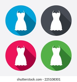 Woman dress sign icon. Elegant clothes symbol. Circle buttons with long shadow. 4 icons set. Vector