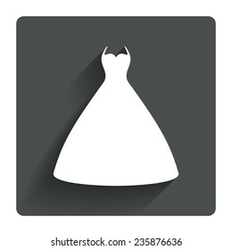 Woman dress sign icon. Elegant bride symbol. Gray flat square button with shadow. Modern UI website navigation. Vector