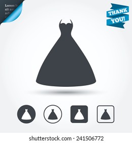 Woman dress sign icon. Elegant bride symbol. Circle and square buttons. Flat design set. Thank you ribbon. Vector