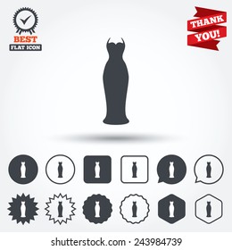 Woman dress sign icon. Elegant bride symbol. Circle, star, speech bubble and square buttons. Award medal with check mark. Thank you. Vector