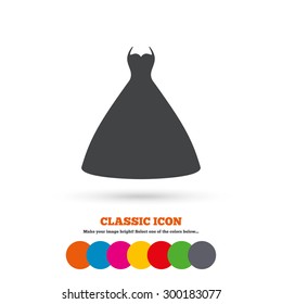 Woman dress sign icon. Elegant bride symbol. Classic flat icon. Colored circles. Vector