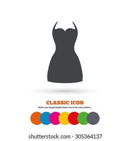 Woman dress sign icon. Elegant clothes symbol. Classic flat icon. Colored circles. Vector