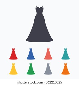 Woman dress sign icon. Elegant bride symbol. Colored flat icons on white background.