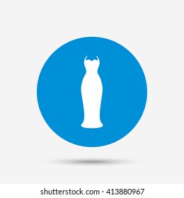 Woman dress sign icon. Elegant bride symbol. Blue circle button with icon. Vector