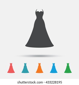 Woman dress sign icon. Elegant bride symbol. Graphic element on white background. Colour clean flat wedding dress icons. Vector