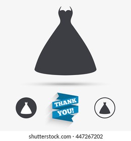 Woman dress sign icon. Elegant bride symbol. Flat icons. Buttons with icons. Thank you ribbon. Vector