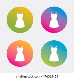 Woman dress sign icon. Elegant clothes symbol. Gradient flat buttons with icon. Modern design. Vector