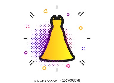 Woman dress sign icon. Halftone dots pattern. Elegant bride symbol. Classic flat wedding icon. Vector