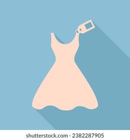 Woman dress sign with tag. Unbleached silk Icon with very long shadow at dark sky blue background. Illustration.