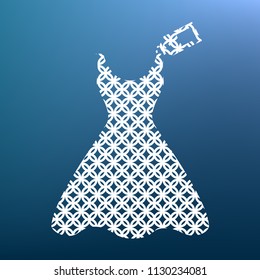 Woman dress sign with tag. Vector. White textured icon at lapis lazuli gradient background.