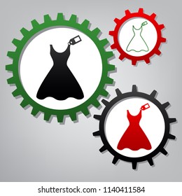 Woman dress sign with tag. Vector. Three connected gears with icons at grayish background.