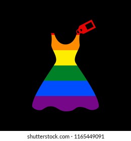 Woman dress sign with tag. Vector. Icon with colors of LGBT flag at black background.