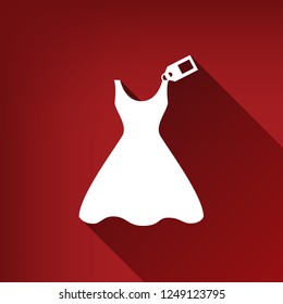 Woman dress sign with tag. Vector. White icon with limitless shadow at ruby red background.