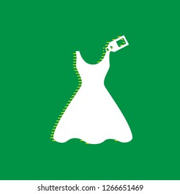 Woman dress sign with tag. Vector. White flat icon with yellow striped shadow at green background.