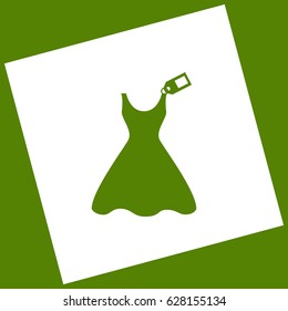 Woman dress sign with tag. Vector. White icon obtained as a result of subtraction rotated square and path. Avocado background.