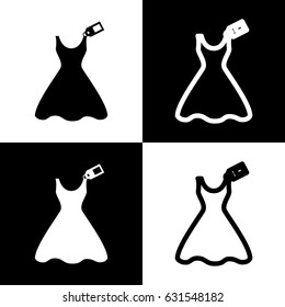 Woman dress sign with tag. Vector. Black and white icons and line icon on chess board.