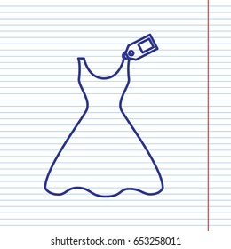 Woman dress sign with tag. Vector. Navy line icon on notebook paper as background with red line for field.