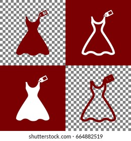 Woman dress sign with tag. Vector. Bordo and white icons and line icons on chess board with transparent background.