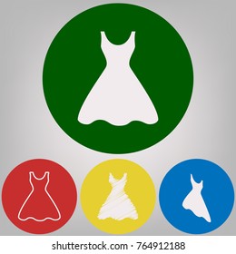 Woman dress sign. Vector. 4 white styles of icon at 4 colored circles on light gray background.
