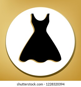 Woman dress sign. Vector. Black icon with light brown shadow in white circle with shaped ring at golden background.