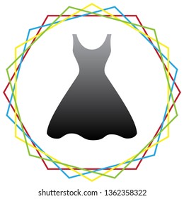 Woman dress sign. Vector. Black icon with patch of light inside colorful hexagonal frames at white background.