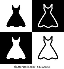 Woman dress sign. Vector. Black and white icons and line icon on chess board.