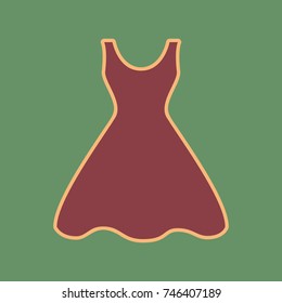 Woman dress sign. Vector. Cordovan icon and mellow apricot halo with light khaki filled space at russian green background.