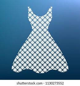 Woman dress sign. Vector. White textured icon at lapis lazuli gradient background.