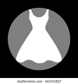 Woman dress sign. White icon in gray circle at black background. Circumscribed circle. Circumcircle.