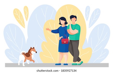 Woman In Dress With A Small Bag In A Living Room Or Office Interior With Armchairs, TV And Bookcase. Flat Vector Illustration With Female Character Talking To Someone, Holds Out Her Hand Forward