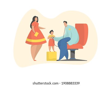 Woman in dress standing near male doctor using stethoscope to listen heart and lungs of little boy while visiting pediatrician office. Family healthcare