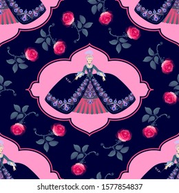 A woman in a dress stylized as clothing of the 18th century. Flower ornament. Seamless pattern. Vector graphics