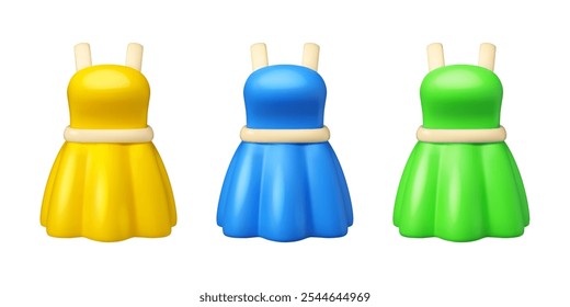 Mulher vestido vetor ícone 3d. Ilustração de roupas de desenhos animados isolada sobre fundo branco. Coleção amarela, verde e azul. Moda de verão, estilo retro