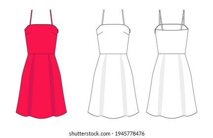 Woman dress in vector graphic.
Fitted summer red dress with straps, folds ans zipper. Fashion isolated illustration template.Scheme front and back views. Clothing technical sketch.