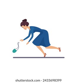 Woman in dress walking in high heels, slipping and falling to ground vector illustration