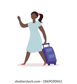 Woman in dress walking with luggage. Female character travelling alone. Flat cartoon vector ilustration isolated on white background