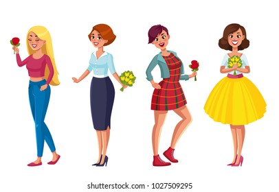 Woman dresscode romantic style vector illustration. Beautiful women in different outfits with flowers icons