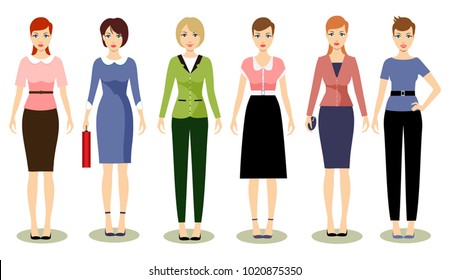 Woman dresscode vector illustration. Beautiful women in different outfits icons on white background